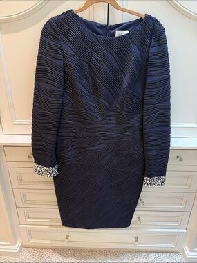 Eliza J Navy Long Sleeve Textured Sheath Dress with Beaded Cuffs